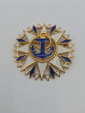 Crown Trifari Nautical Blue & White Anchor Brooch Gold Tone - Rare Vintage